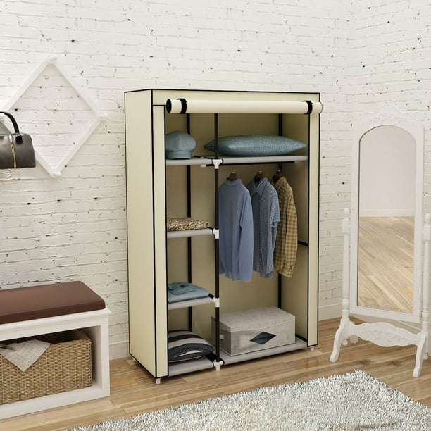 Portable Bedroom Clothes Storage Closet Shelf Dustproof Fabric Wardrobe Beige zipperl 50 Closet Organizer